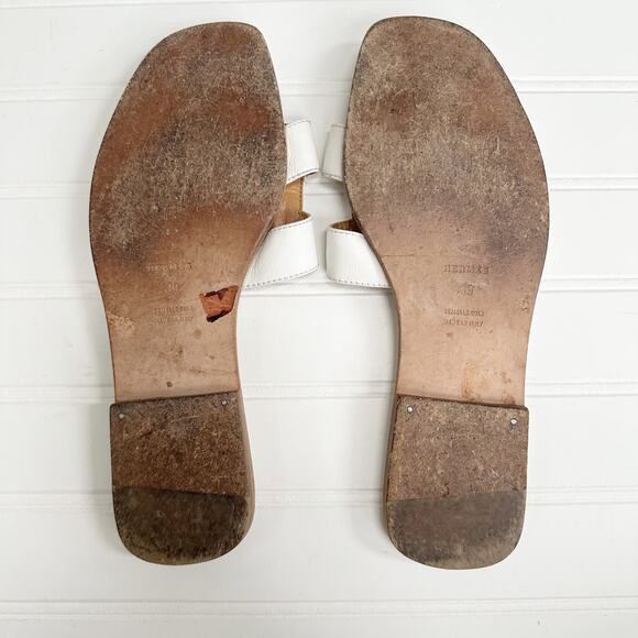 Hermès Oran Sandals White Leather H Cut Slides Flats 39 Designer Summer Shoes - Picture 7 of 8